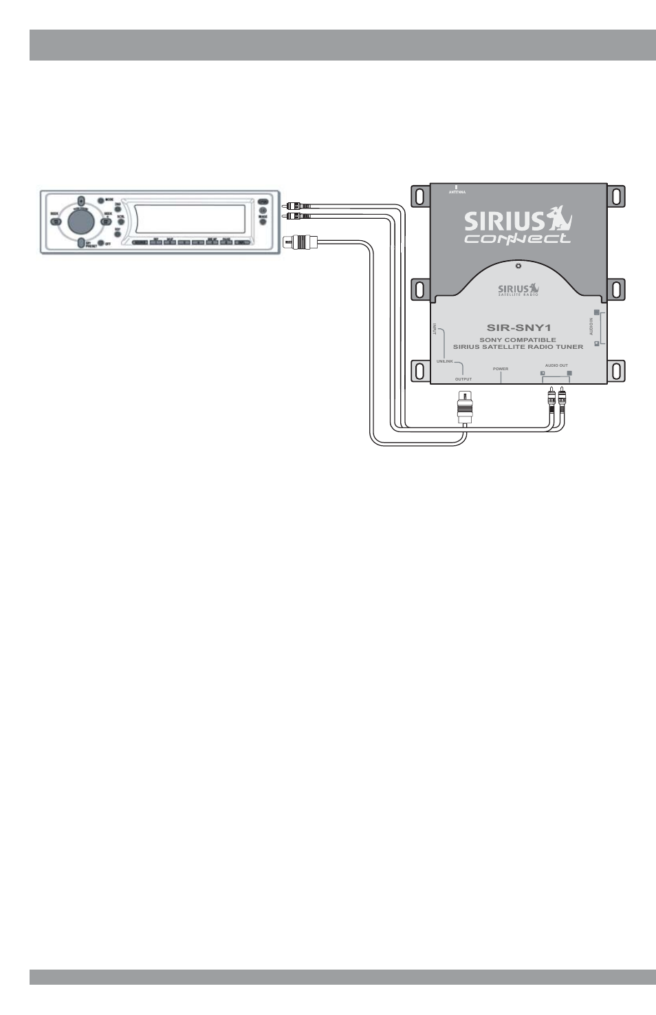 System connection examples, System 1: sony headunit and sir-sny1, Sir-sny1 installation guide | Sirius Satellite Radio SIRIUS SiriusConnect SIR-SNY1 User Manual | Page 10 / 16