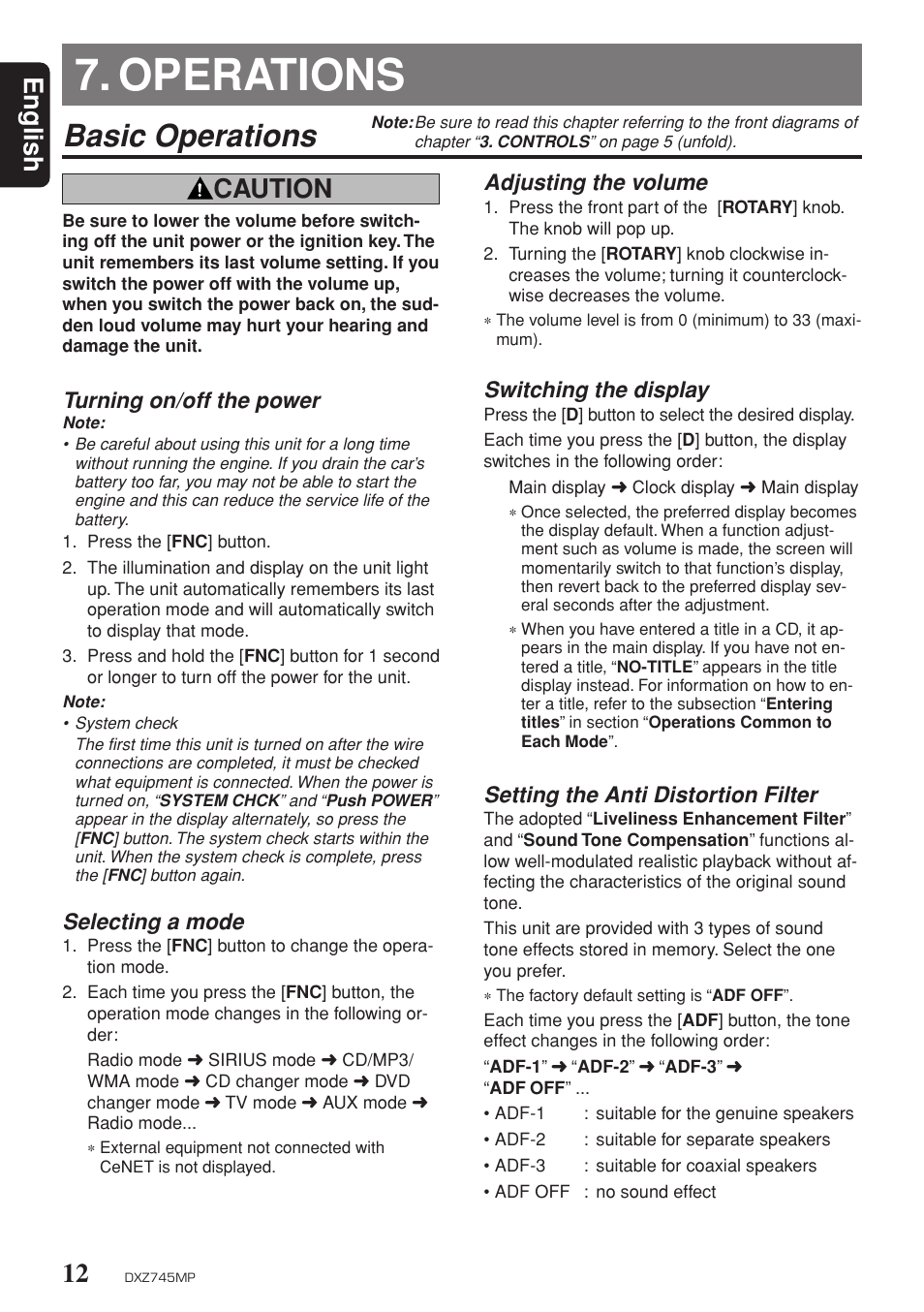 Operations, Basic operations, English | Caution, Turning on/off the power, Selecting a mode, Adjusting the volume, Switching the display, Setting the anti distortion filter | Sirius Satellite Radio DXZ745MP User Manual | Page 12 / 37
