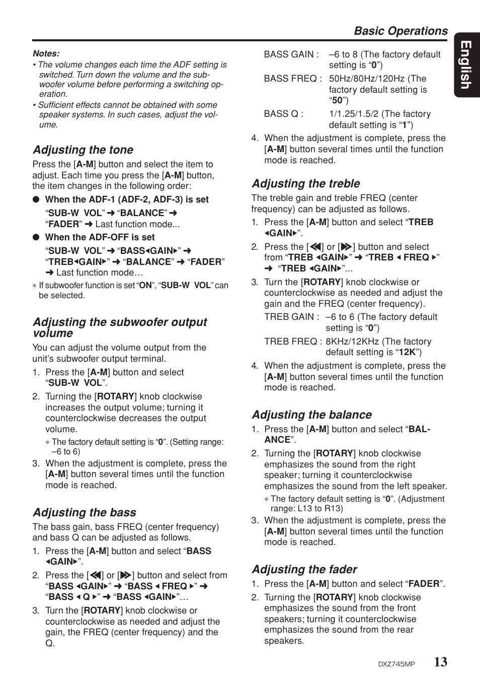 13 english, Basic operations, Adjusting the tone | Adjusting the subwoofer output volume, Adjusting the bass, Adjusting the treble, Adjusting the balance, Adjusting the fader | Sirius Satellite Radio DXZ745MP User Manual | Page 13 / 37