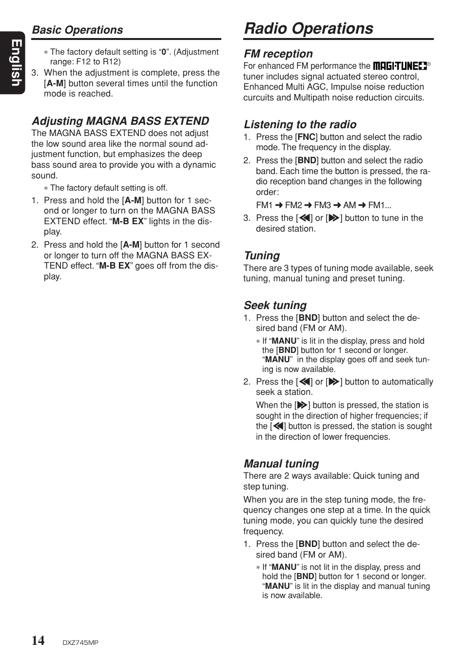 Radio operations, English, Basic operations fm reception | Listening to the radio, Tuning, Seek tuning, Manual tuning, Adjusting magna bass extend | Sirius Satellite Radio DXZ745MP User Manual | Page 14 / 37