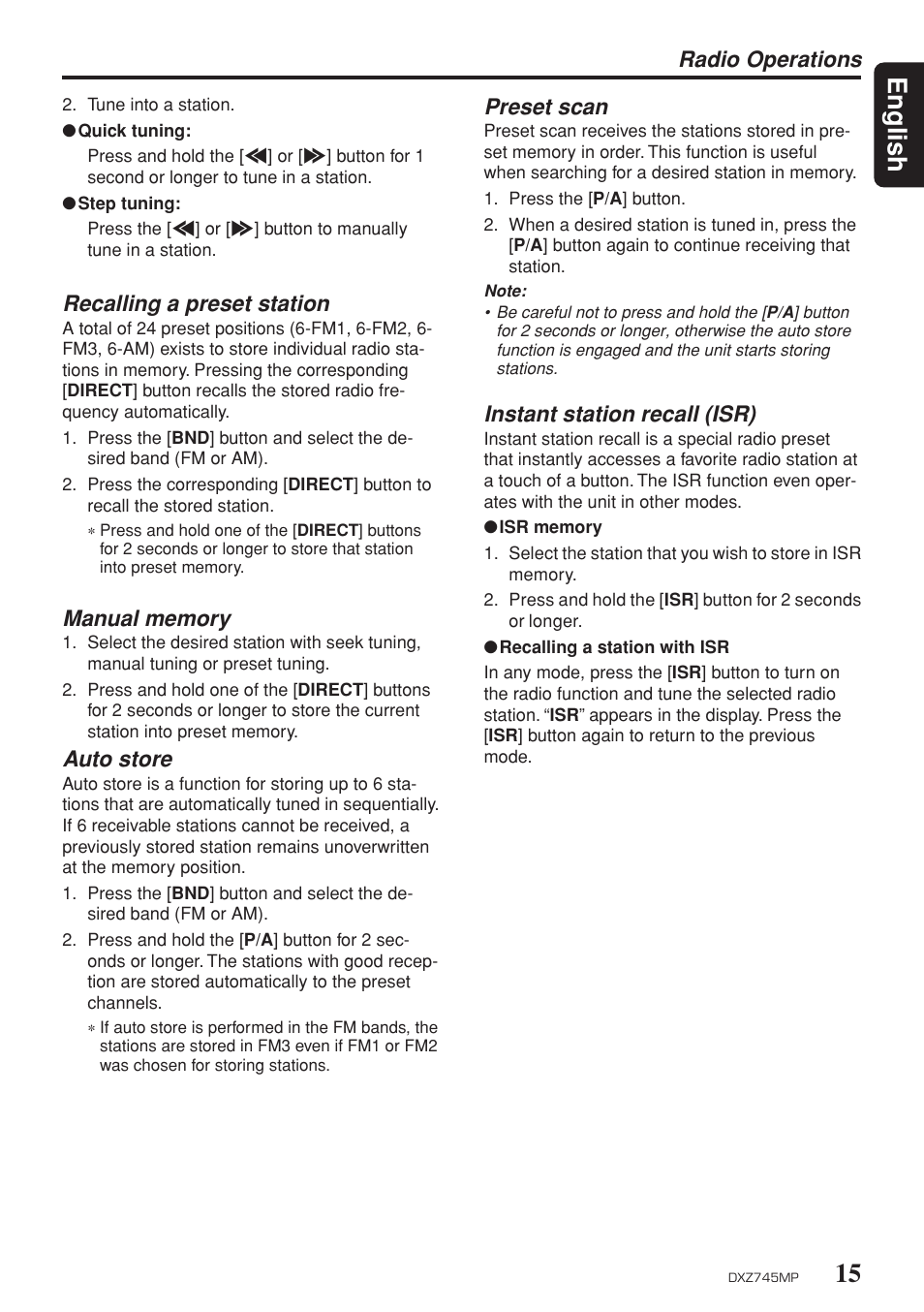 15 english, Radio operations, Recalling a preset station | Auto store, Preset scan, Instant station recall (isr) | Sirius Satellite Radio DXZ745MP User Manual | Page 15 / 37