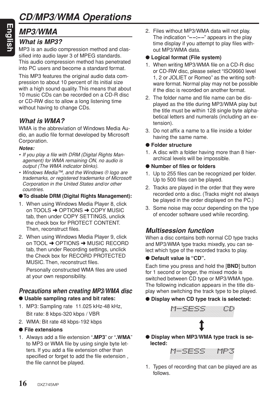 Cd/mp3/wma operations, English, Mp3/wma | Multisession function, What is mp3, What is wma, Precautions when creating mp3/wma disc | Sirius Satellite Radio DXZ745MP User Manual | Page 16 / 37