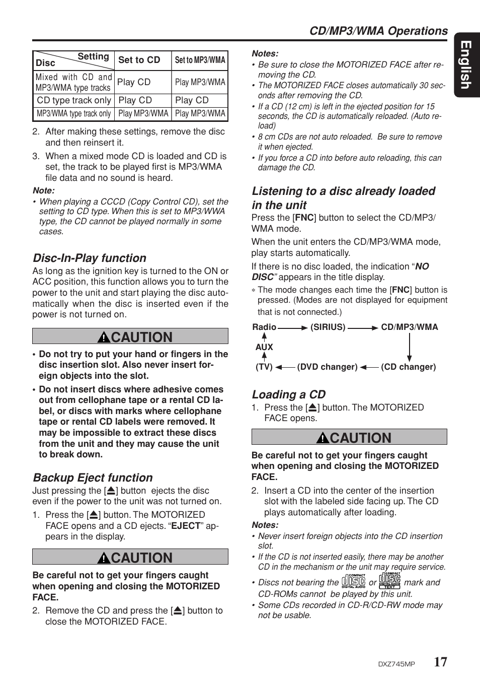 17 english, Caution, Disc-in-play function | Cd/mp3/wma operations, Backup eject function, Listening to a disc already loaded in the unit, Loading a cd | Sirius Satellite Radio DXZ745MP User Manual | Page 17 / 37