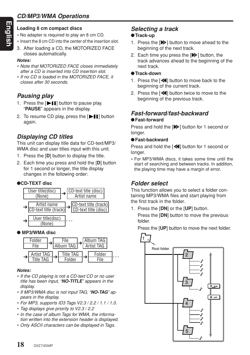 English, Selecting a track, Fast-forward/fast-backward | Folder select, Cd/mp3/wma operations, Pausing play, Displaying cd titles | Sirius Satellite Radio DXZ745MP User Manual | Page 18 / 37