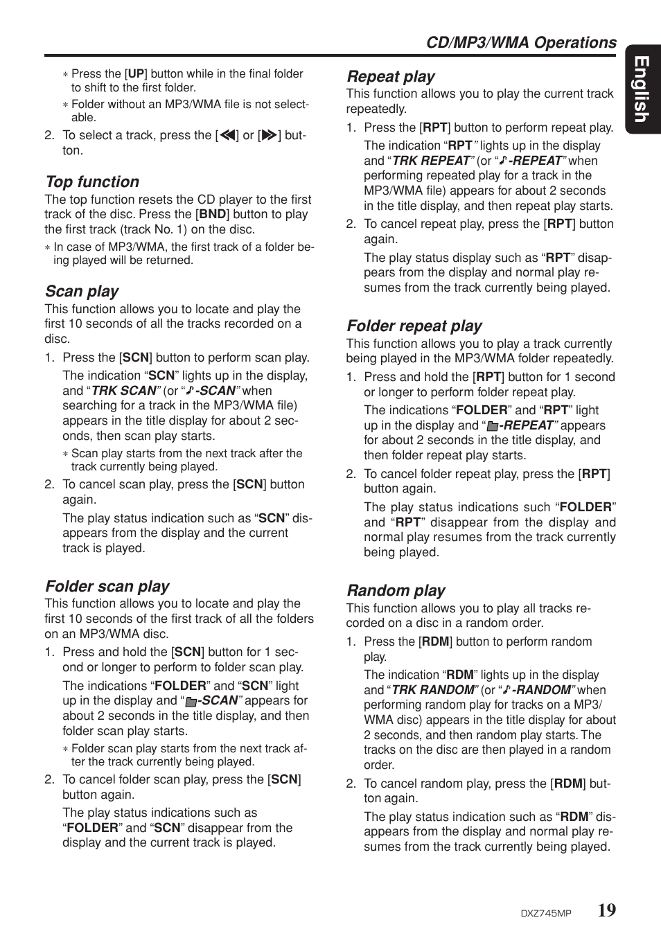 19 english, Top function, Scan play | Folder scan play, Repeat play, Folder repeat play, Random play, Cd/mp3/wma operations | Sirius Satellite Radio DXZ745MP User Manual | Page 19 / 37