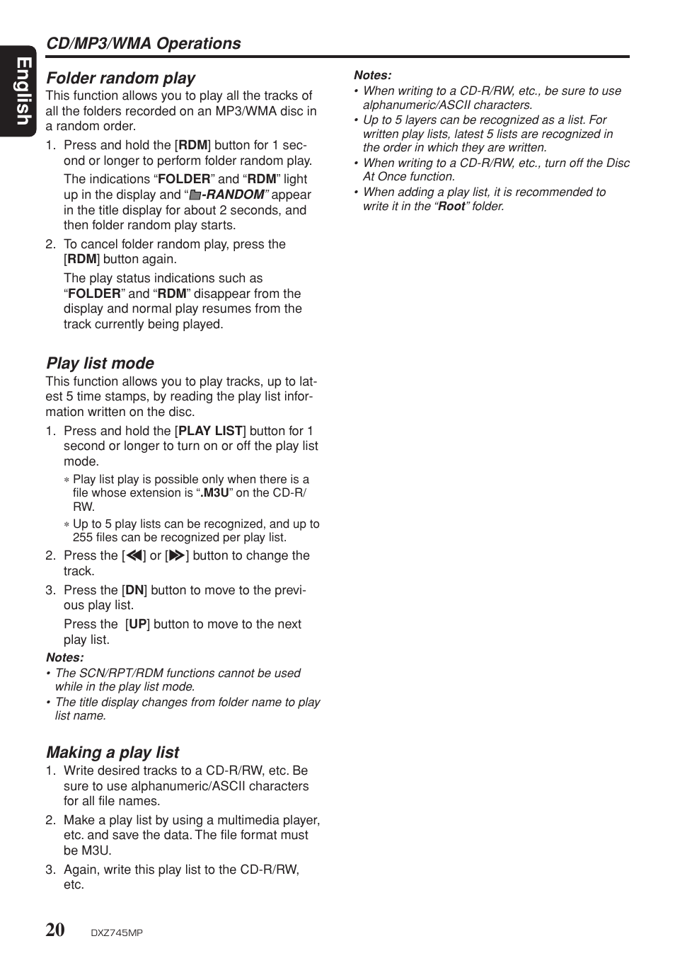 English, Cd/mp3/wma operations folder random play, Play list mode | Making a play list | Sirius Satellite Radio DXZ745MP User Manual | Page 20 / 37
