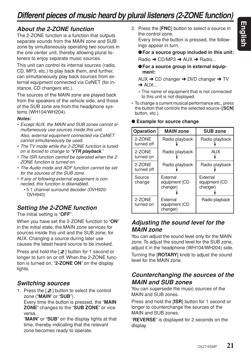 21 english, About the 2-zone function, Setting the 2-zone function | Switching sources, Adjusting the sound level for the main zone | Sirius Satellite Radio DXZ745MP User Manual | Page 21 / 37