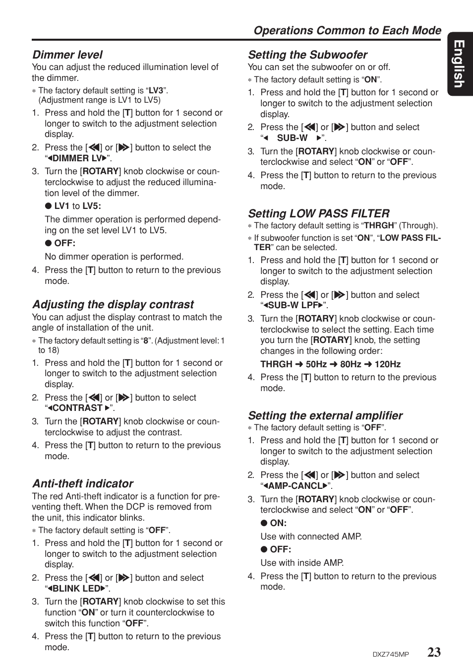 23 english, Dimmer level, Adjusting the display contrast | Anti-theft indicator, Setting low pass filter, Setting the external amplifier | Sirius Satellite Radio DXZ745MP User Manual | Page 23 / 37