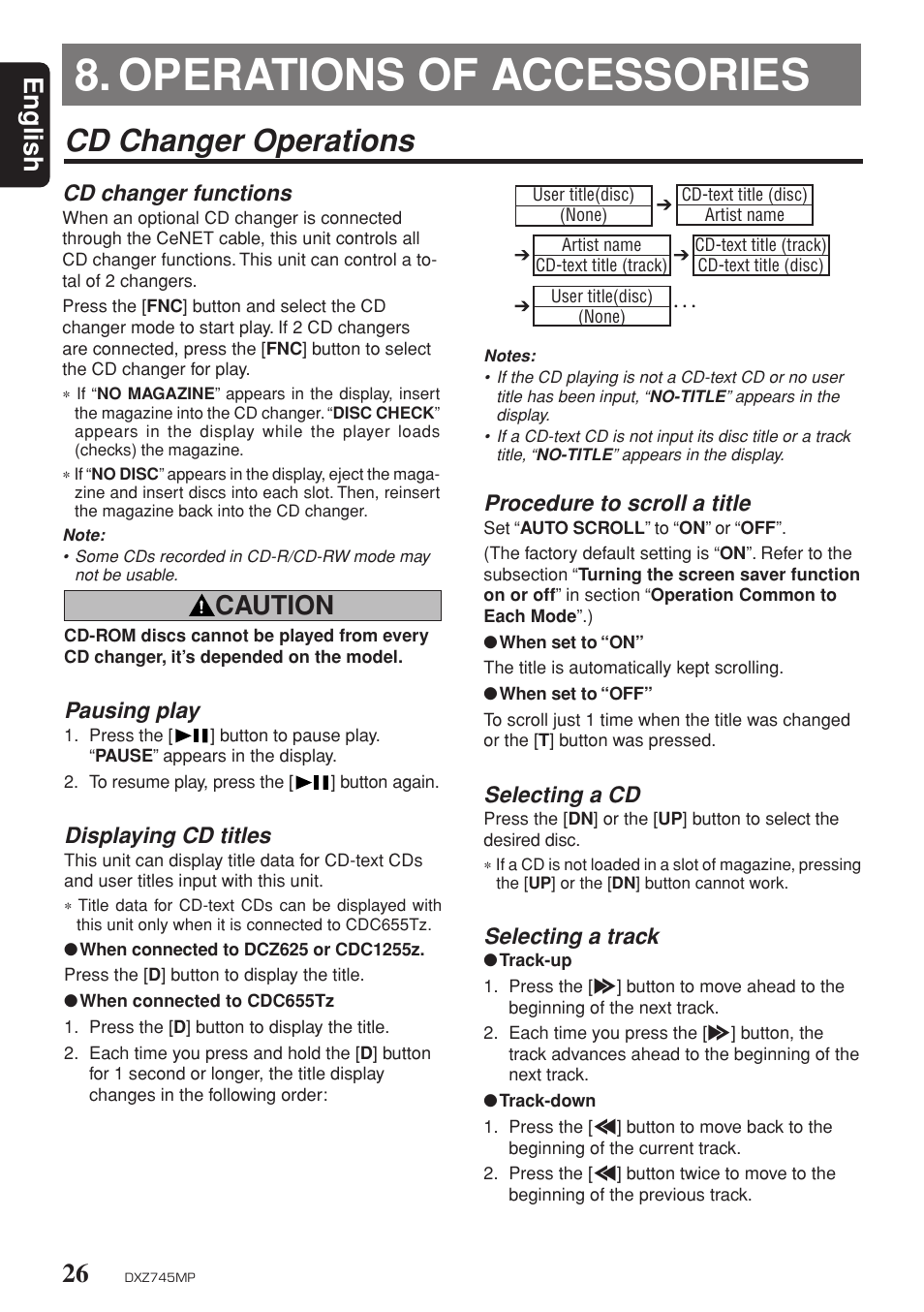 Operations of accessories, Cd changer operations, English | Caution, Cd changer functions, Procedure to scroll a title, Selecting a cd, Selecting a track, Pausing play, Displaying cd titles | Sirius Satellite Radio DXZ745MP User Manual | Page 26 / 37