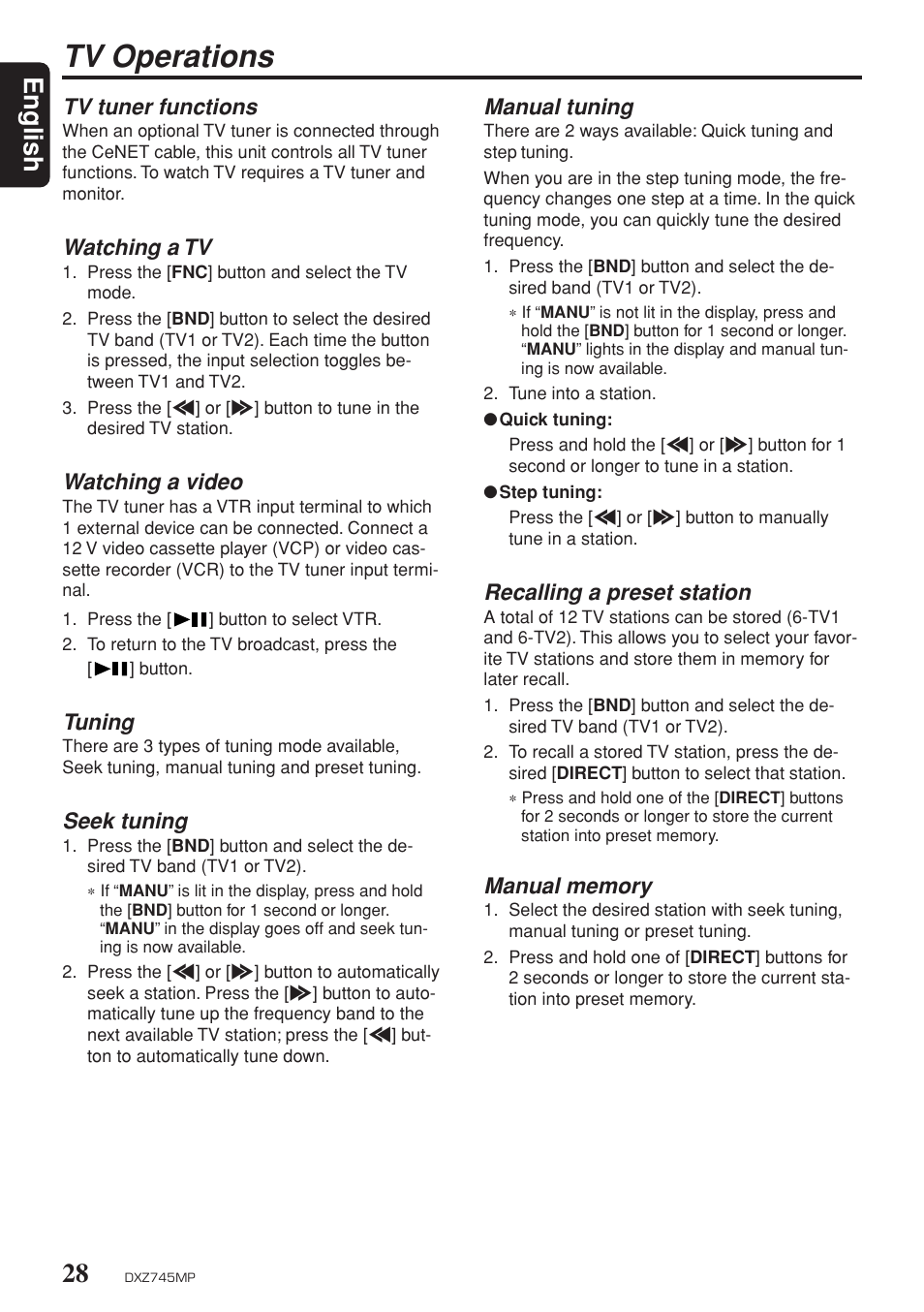 Tv operations, English, Manual tuning | Recalling a preset station, Tv tuner functions, Watching a tv, Watching a video, Tuning, Seek tuning | Sirius Satellite Radio DXZ745MP User Manual | Page 28 / 37