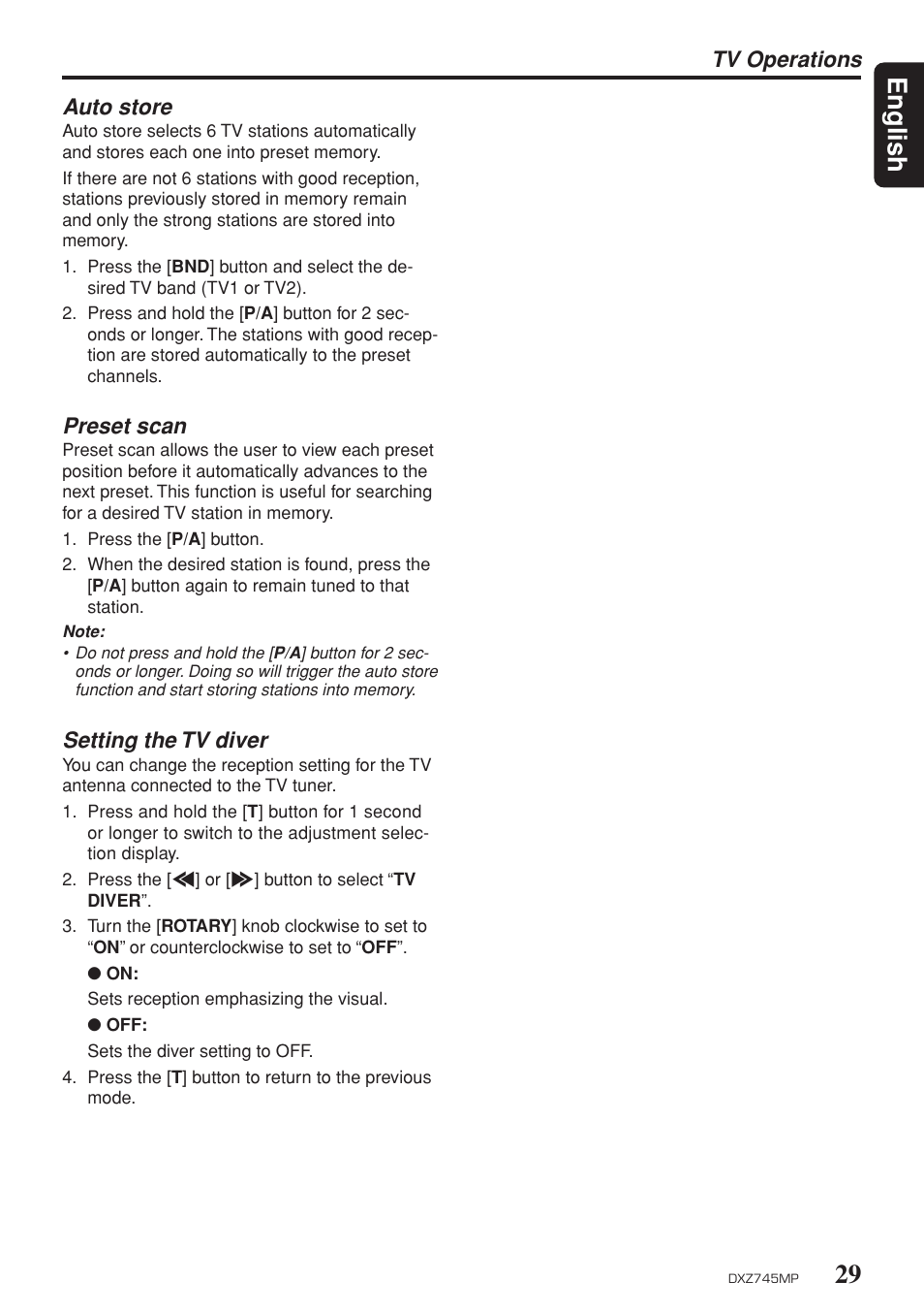 29 english, Auto store, Preset scan | Setting the tv diver, Tv operations | Sirius Satellite Radio DXZ745MP User Manual | Page 29 / 37