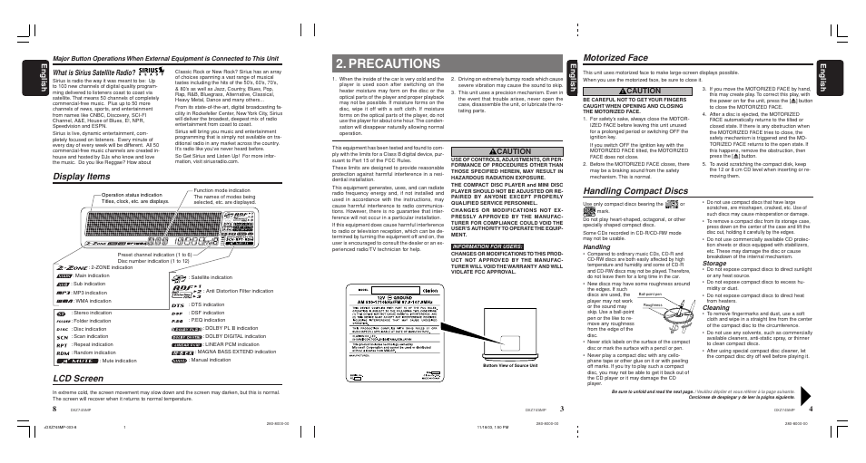 Precautions, Handling compact discs, Motorized face | Lcd screen, Display items, 4english english english, Caution, What is sirius satellite radio, Handling, Storage | Sirius Satellite Radio DXZ745MP User Manual | Page 3 / 37