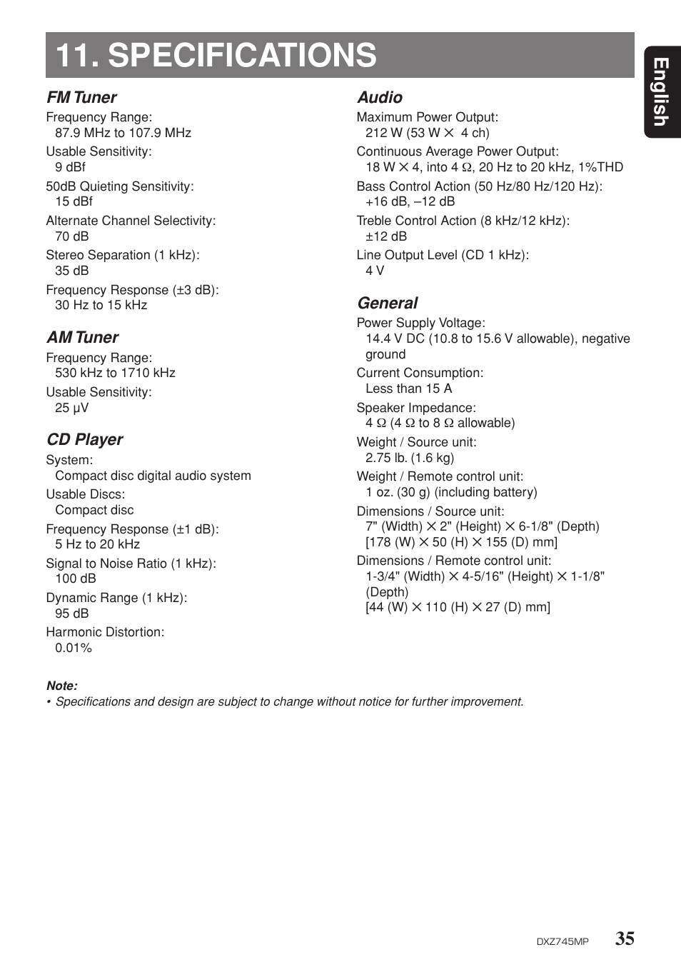 Specifications, 35 english, Fm tuner | Am tuner, Cd player, Audio, General | Sirius Satellite Radio DXZ745MP User Manual | Page 35 / 37