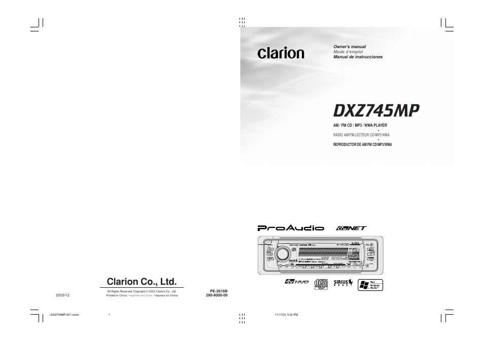 Dxz745mp, Clarion co., ltd | Sirius Satellite Radio DXZ745MP User Manual | Page 37 / 37