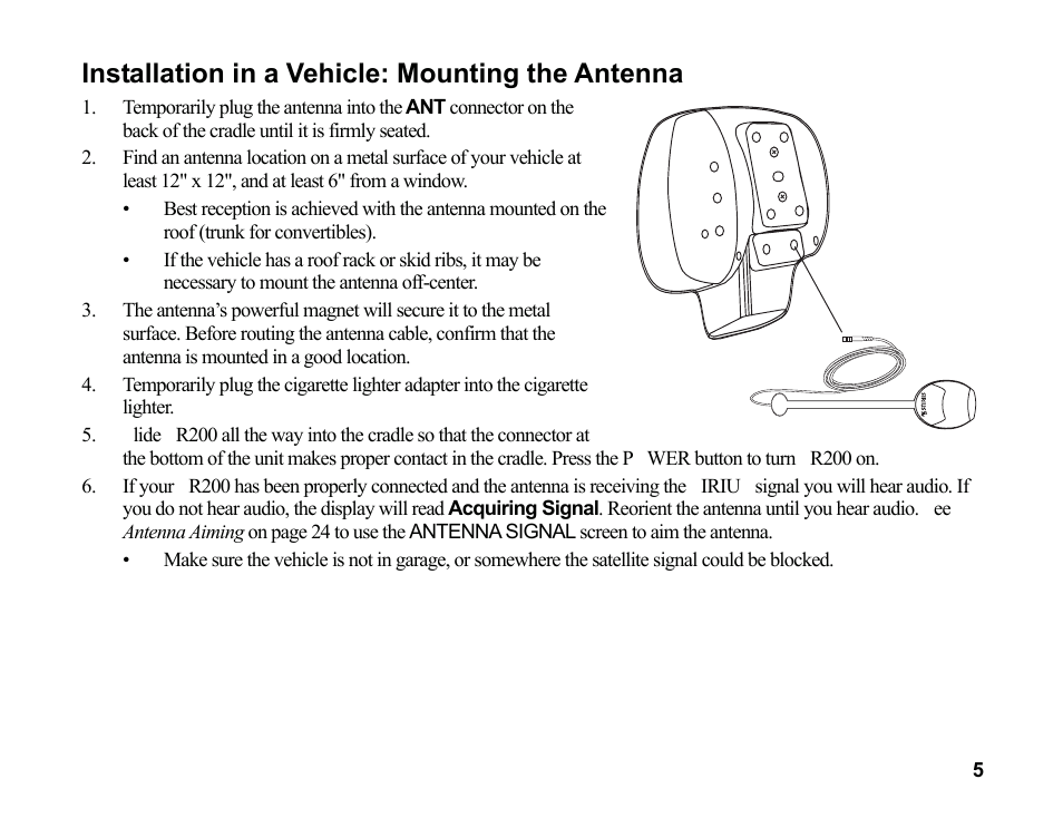 Installation in a vehicle: mounting the antenna | Sirius Satellite Radio SR200 User Manual | Page 11 / 43