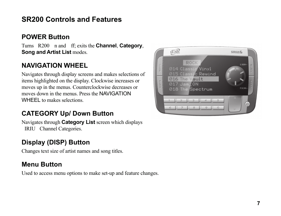 Sr200 controls and features | Sirius Satellite Radio SR200 User Manual | Page 13 / 43