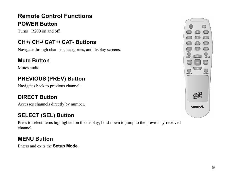 Remote control functions | Sirius Satellite Radio SR200 User Manual | Page 15 / 43