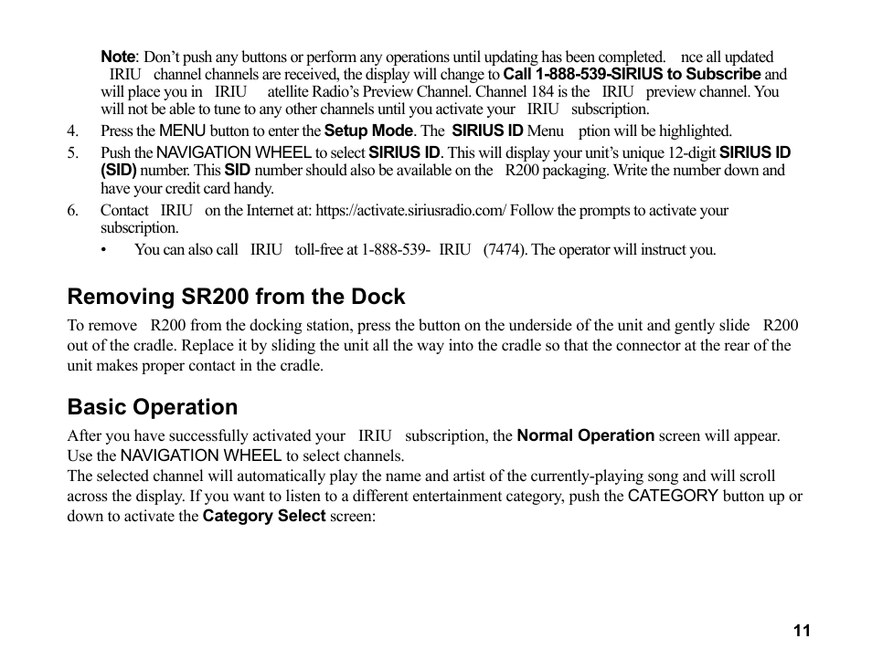 Removing sr200 from the dock, Basic operation | Sirius Satellite Radio SR200 User Manual | Page 17 / 43