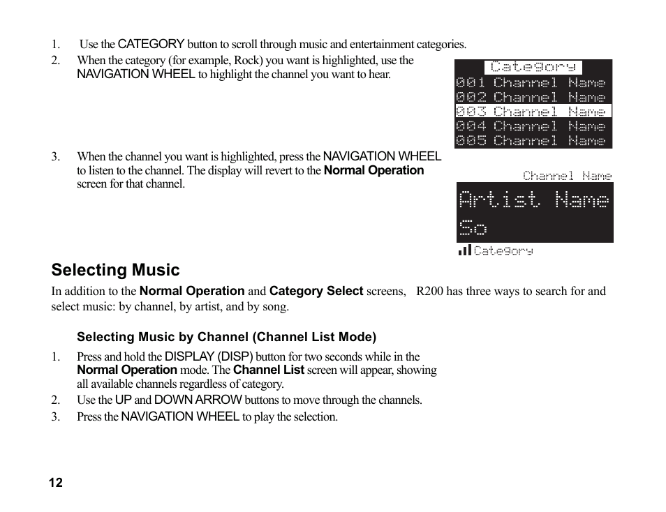 Selecting music | Sirius Satellite Radio SR200 User Manual | Page 18 / 43