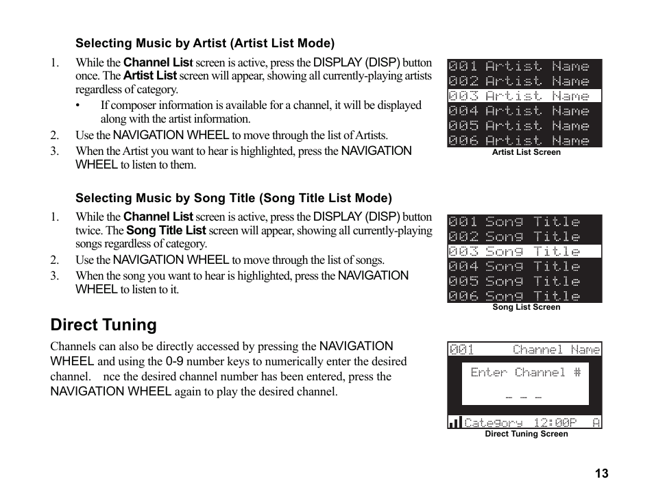 Direct tuning | Sirius Satellite Radio SR200 User Manual | Page 19 / 43