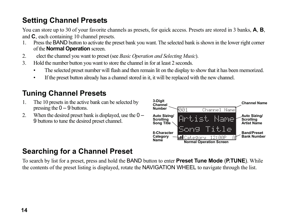 Setting channel presets, Tuning channel presets, Searching for a channel preset | Sirius Satellite Radio SR200 User Manual | Page 20 / 43