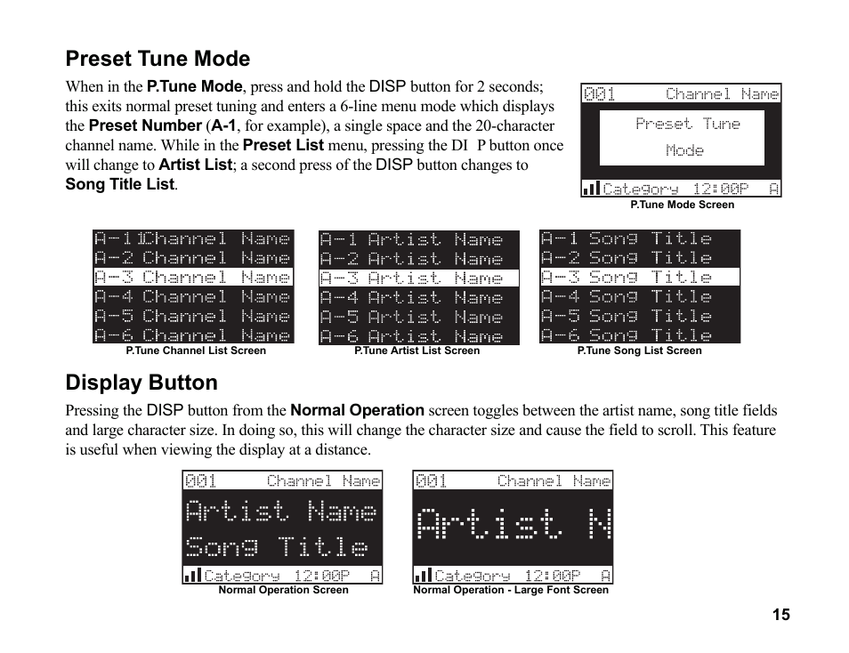 Preset tune mode, Display button | Sirius Satellite Radio SR200 User Manual | Page 21 / 43