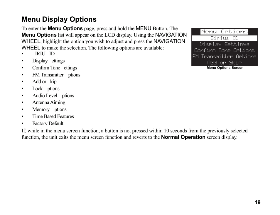 Menu display options | Sirius Satellite Radio SR200 User Manual | Page 25 / 43