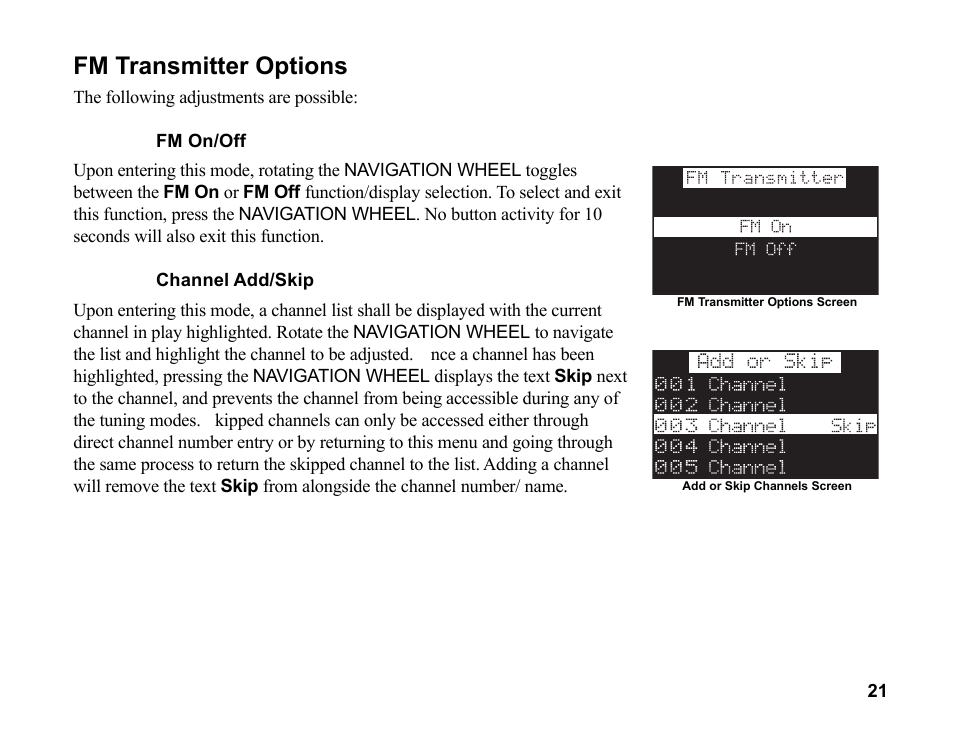 Fm transmitter options | Sirius Satellite Radio SR200 User Manual | Page 27 / 43