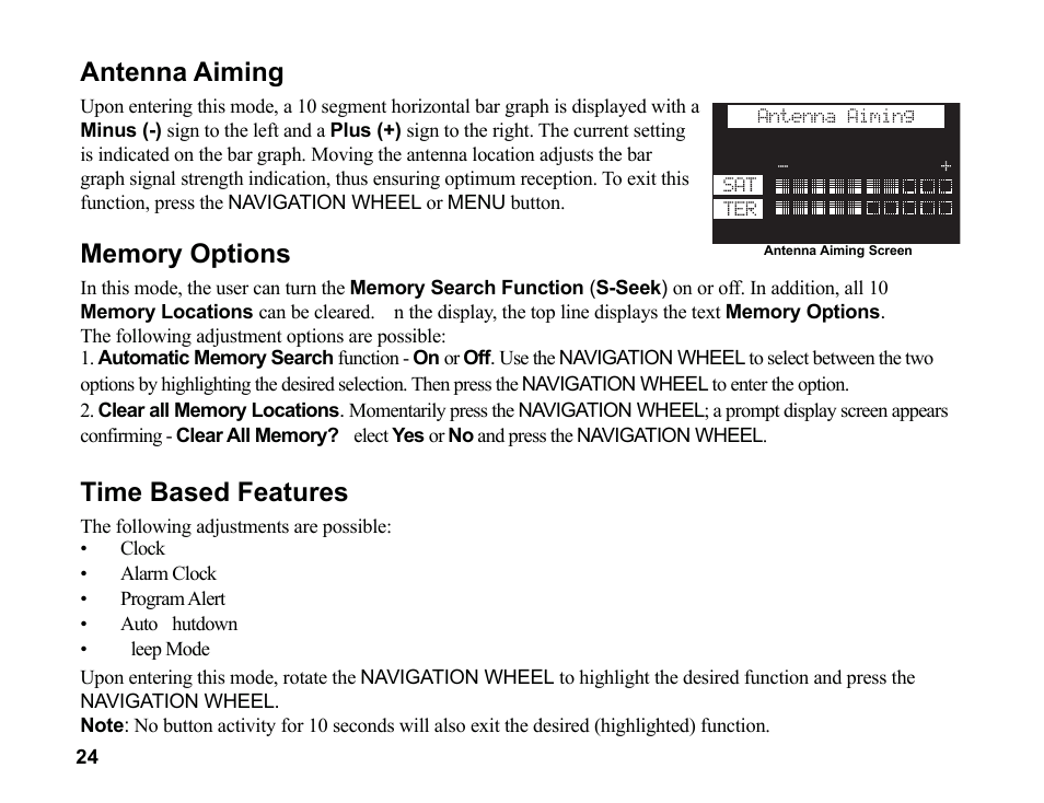 Antenna aiming, Time based features | Sirius Satellite Radio SR200 User Manual | Page 30 / 43