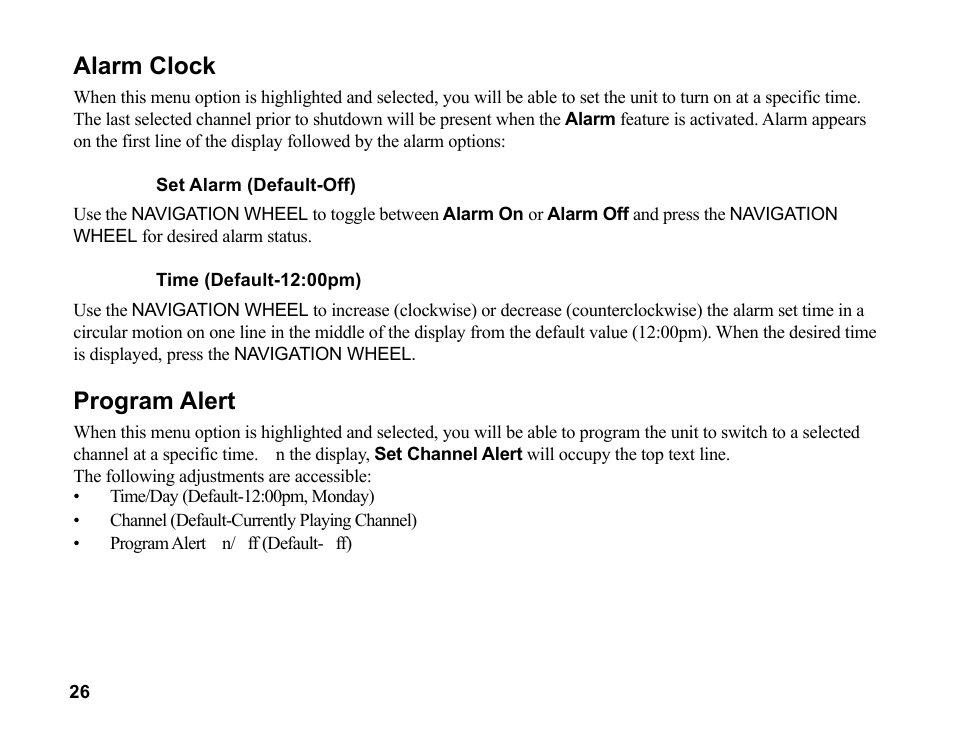 Alarm clock, Program alert | Sirius Satellite Radio SR200 User Manual | Page 32 / 43