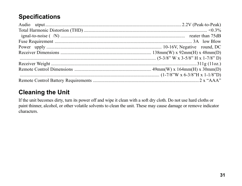 Specifications, Cleaning the unit | Sirius Satellite Radio SR200 User Manual | Page 37 / 43