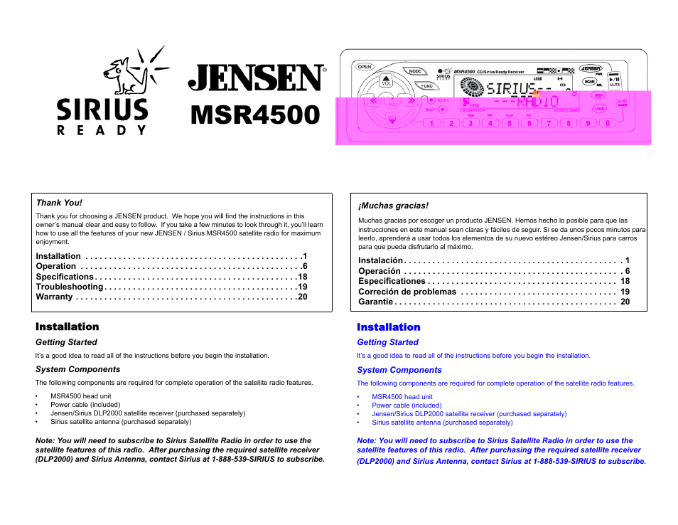 Sirius Satellite Radio MSR4500 User Manual | 20 pages