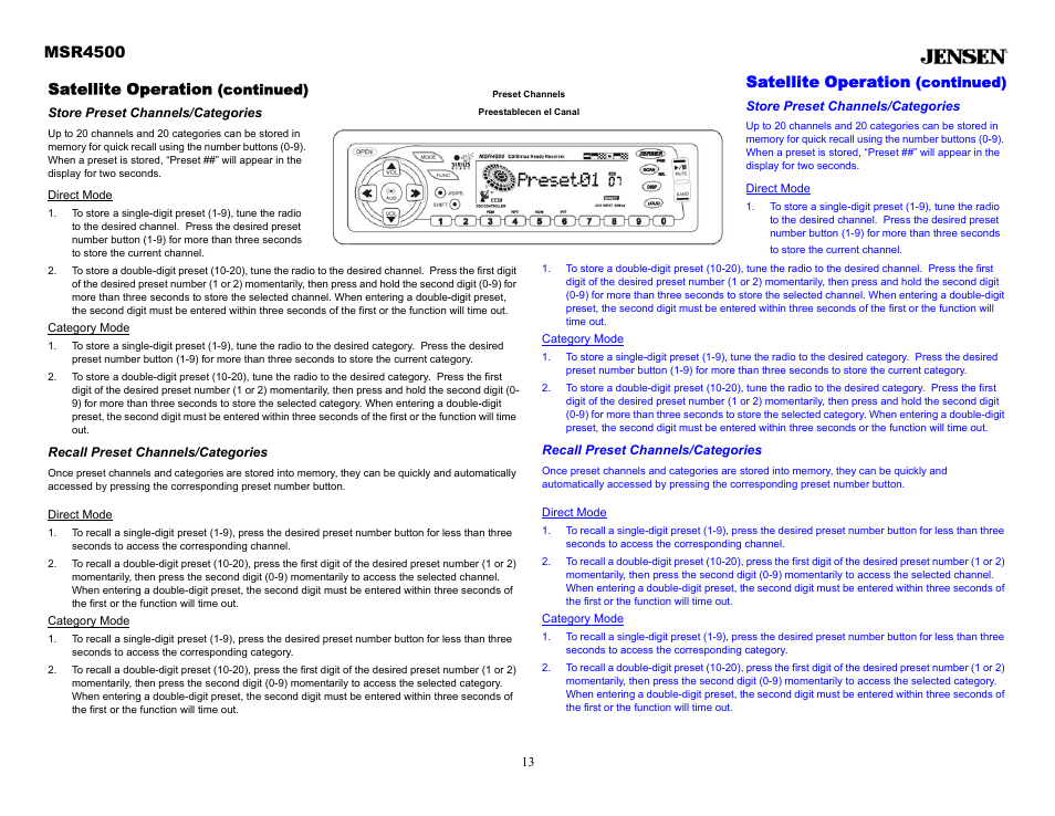 Satellite operation (continued), Store preset channels/categories, Direct mode | Category mode, Recall preset channels/categories, Msr4500, Satellite operation | Sirius Satellite Radio MSR4500 User Manual | Page 13 / 20