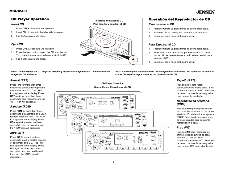 Cd player operation, Insert cd, Press open. faceplate will flip down | Insert cd into slot with the label side facing up, Flip the faceplate up to close, Eject cd, Operatión del reproductor de cd, Para insertar el cd, Levante el panel hacia arriba para cerrar, Para expulsar el cd | Sirius Satellite Radio MSR4500 User Manual | Page 15 / 20