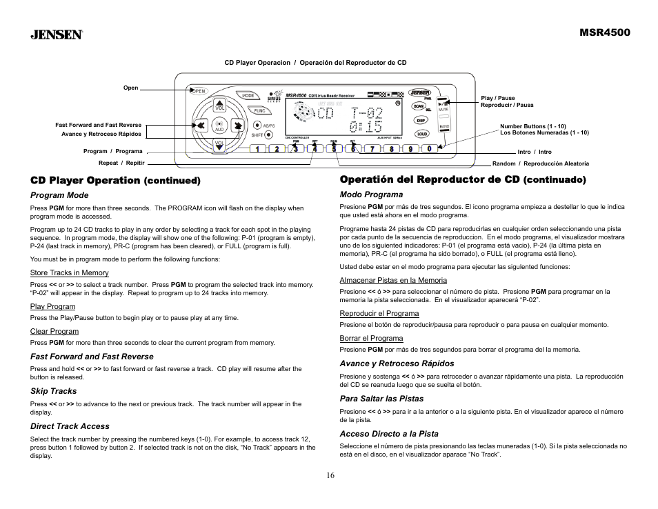Cd player operation (continued), Program mode, Store tracks in memory | Play program, Clear program, Fast forward and fast reverse, Skip tracks, Direct track access, Operatión del reproductor de cd (continuado), Modo programa | Sirius Satellite Radio MSR4500 User Manual | Page 16 / 20