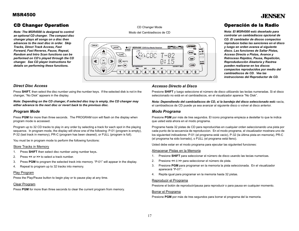 Direct disc access, Program mode, Store tracks in memory | Press << or >> to select a track number, Repeat to program up to 32 tracks into memory, Play program, Clear program, Accesso directo al disco, Modo programa, Almacenar pistas en la memoria | Sirius Satellite Radio MSR4500 User Manual | Page 17 / 20