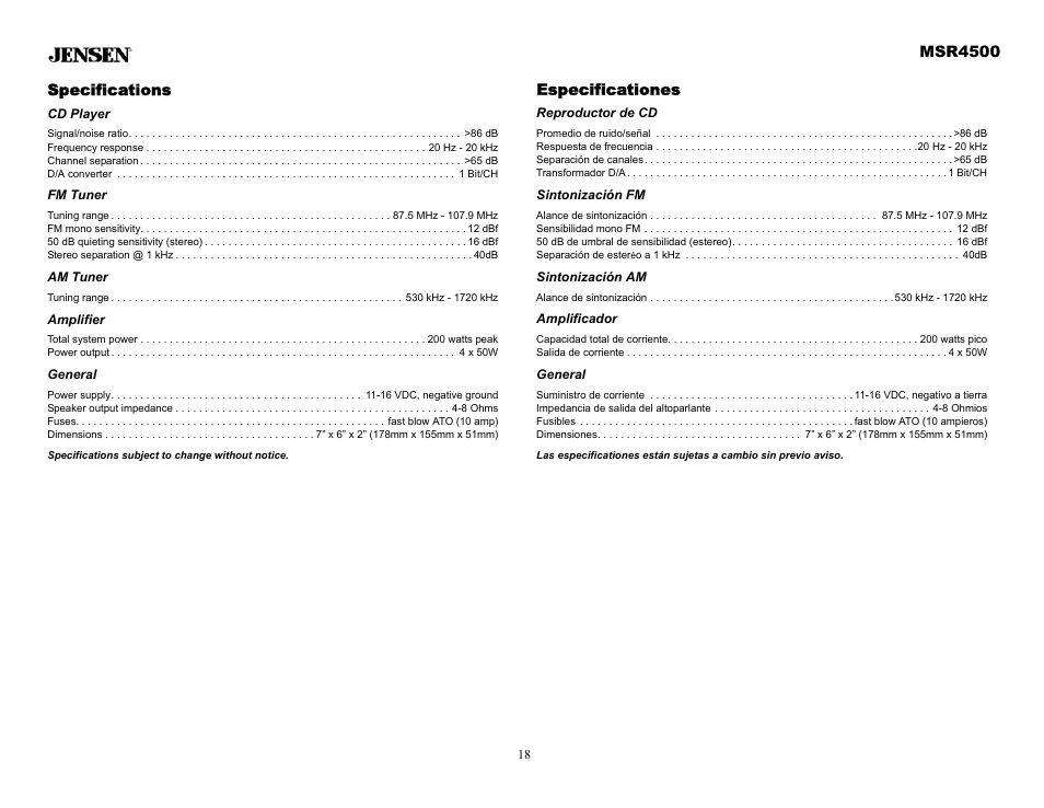 Especificationes, Reproductor de cd, Sintonización fm | Sintonización am, Amplificador, General, Specifications, Cd player, Fm tuner, Am tuner | Sirius Satellite Radio MSR4500 User Manual | Page 18 / 20