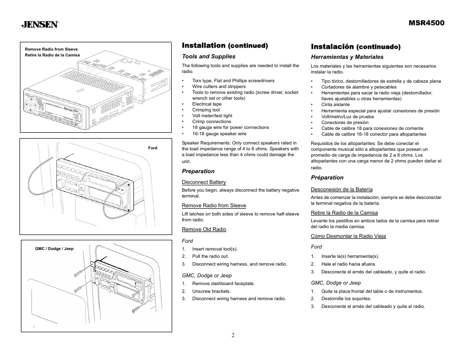 Installation (continued), Tools and supplies, Preparation | Disconnect battery, Remove radio from sleeve, Remove old radio, Insert removal tool(s), Pull the radio out, Disconnect wiring harness, and remove radio, Remove dashboard faceplate | Sirius Satellite Radio MSR4500 User Manual | Page 2 / 20