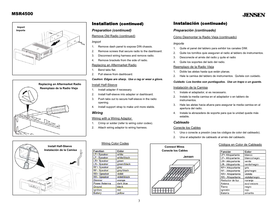 Desconecte el arnés del radio y quite el radio, Quite los soportes del lado del radio, Reemplazo de la radio vieja | Doble las aletas hasta que están planas, Instalación de la camisa, Instale el adaptador, si es necessario, Cableado, Conecte los cables, Una el adaptador de cableado al arnés del cableado, Installation (continued) | Sirius Satellite Radio MSR4500 User Manual | Page 3 / 20
