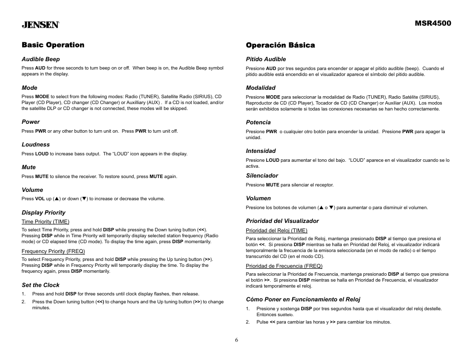 Basic operation, Audible beep, Mode | Power, Loudness, Mute, Volume, Display priority, Time priority (time), Frequency priority (freq) | Sirius Satellite Radio MSR4500 User Manual | Page 6 / 20