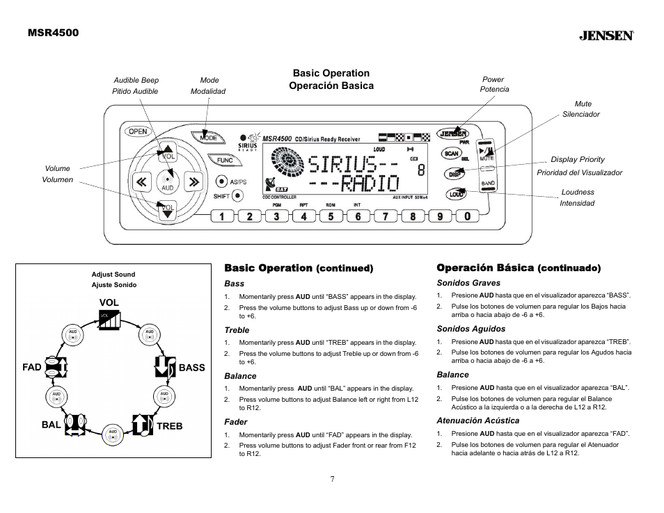 Basic operation (continued), Bass, Treble | Balance, Fader, Operación básica (continuado), Sonidos graves, Sonidos aguidos, Atenuación acústica, Msr4500 | Sirius Satellite Radio MSR4500 User Manual | Page 7 / 20