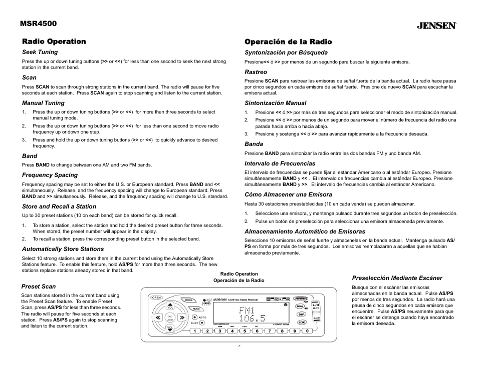 Radio operation, Seek tuning, Scan | Manual tuning, Band, Frequency spacing, Store and recall a station, Automatically store stations, Operación de la radio, Syntonización por búsqueda | Sirius Satellite Radio MSR4500 User Manual | Page 9 / 20