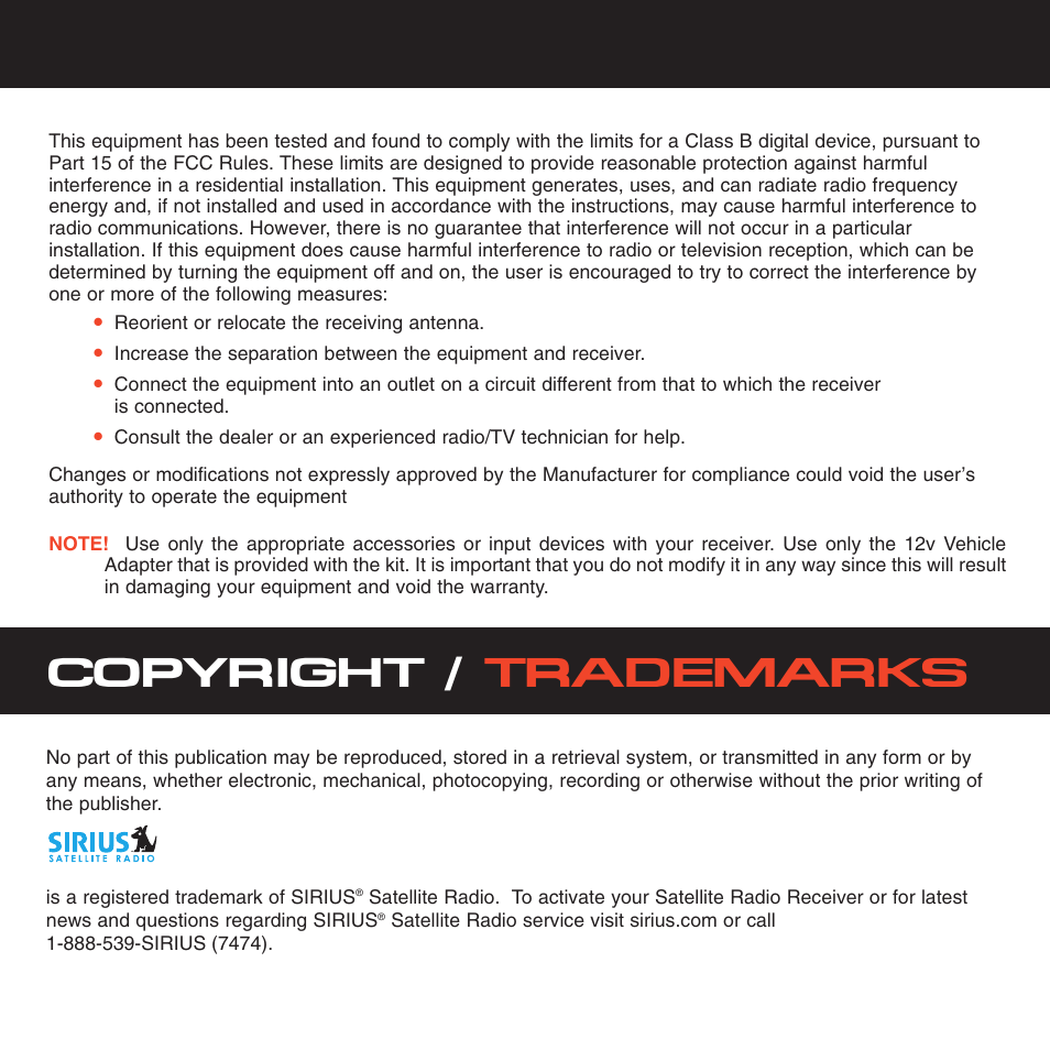 Copyright / trademarks | Sirius Satellite Radio XS021 User Manual | Page 3 / 12