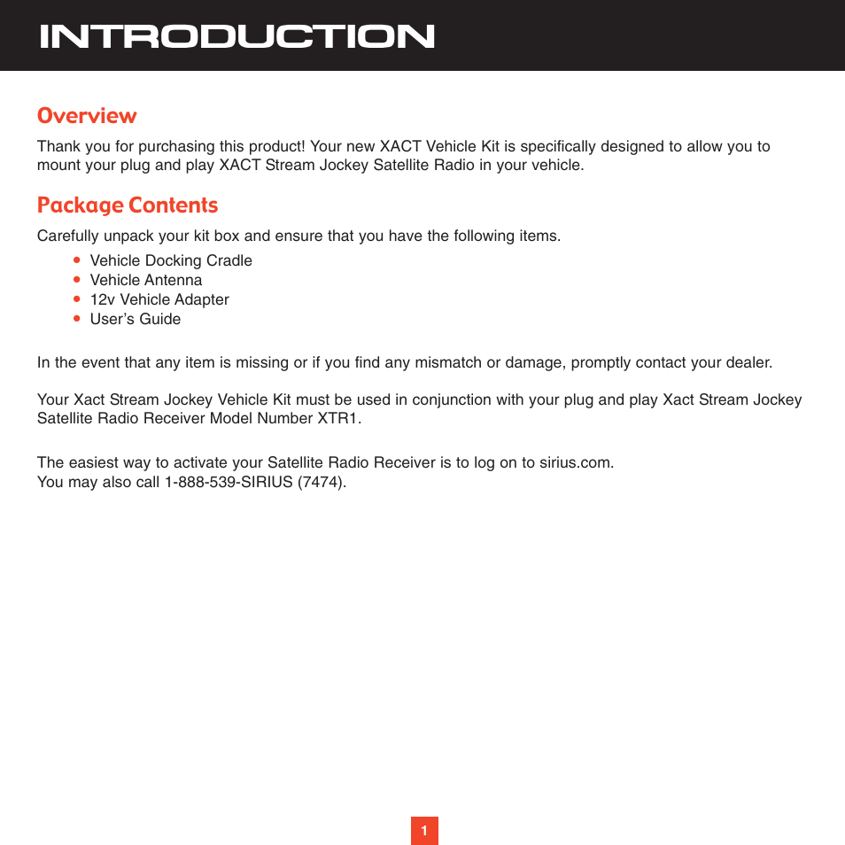 Introduction, Overview, Package contents | Sirius Satellite Radio XS021 User Manual | Page 5 / 12