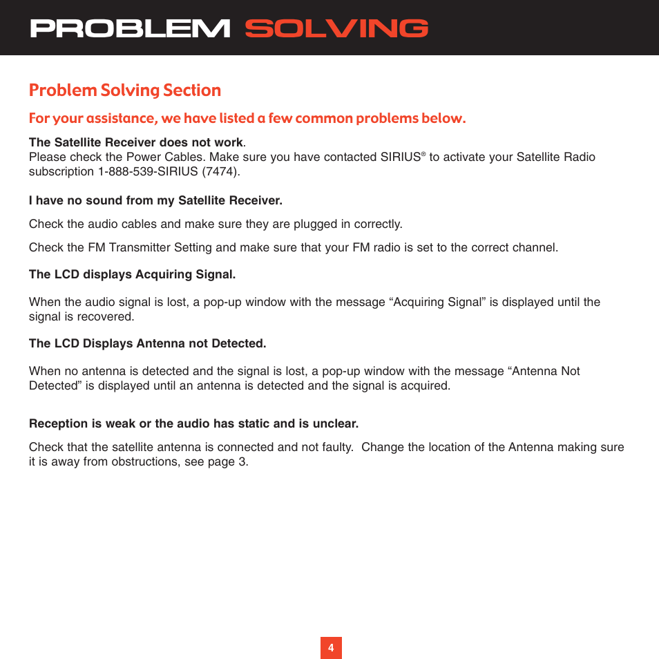 Problem solving | Sirius Satellite Radio XS021 User Manual | Page 8 / 12