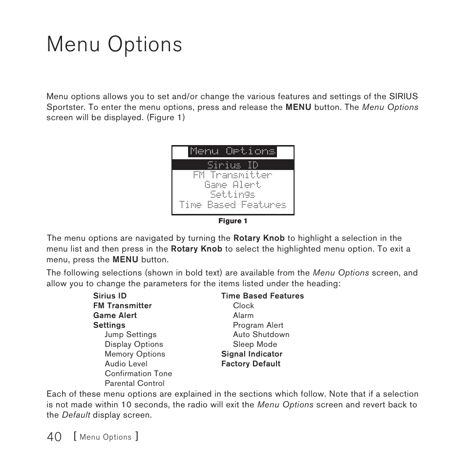 Menu options | Sirius Satellite Radio Sirius Starmate 4 User Manual | Page 42 / 64