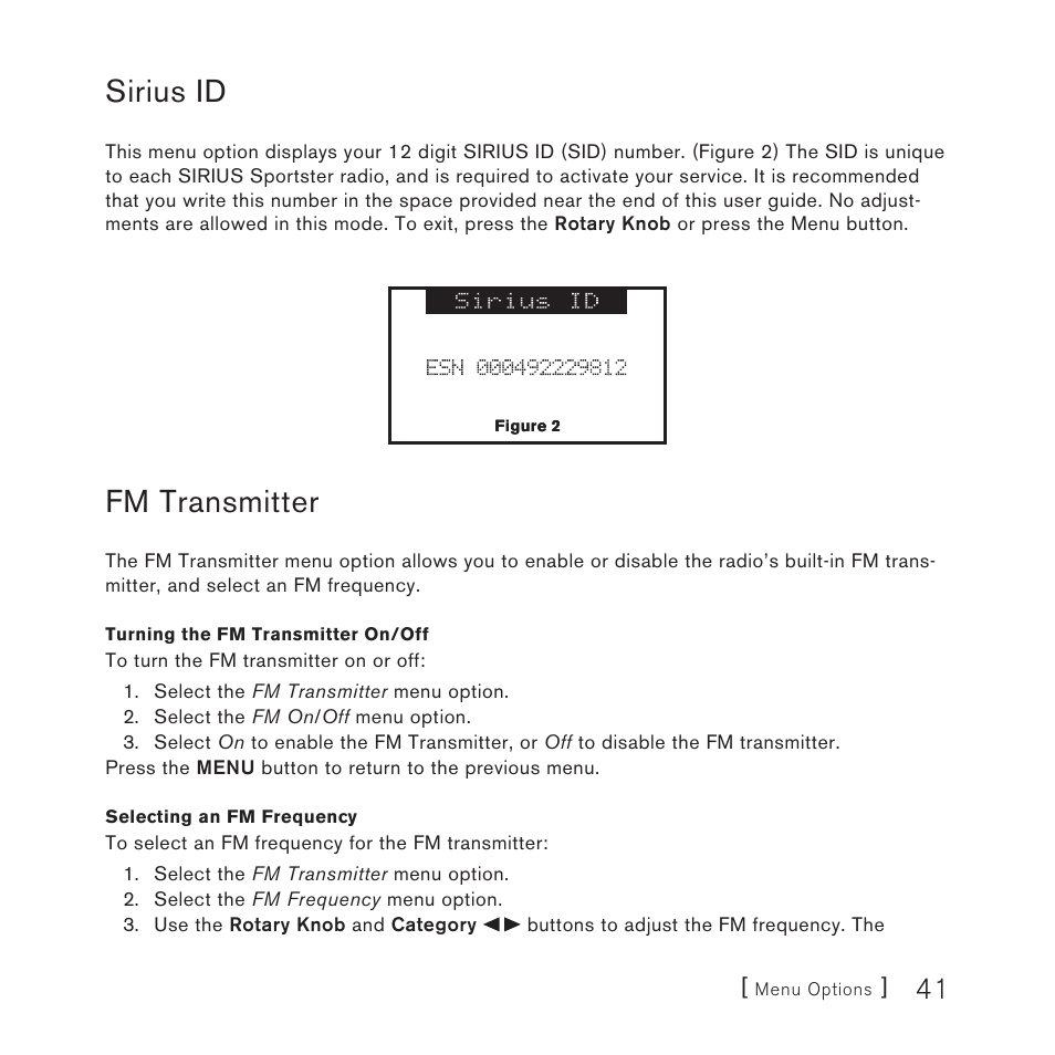 Sirius id, Fm transmitter | Sirius Satellite Radio Sirius Starmate 4 User Manual | Page 43 / 64