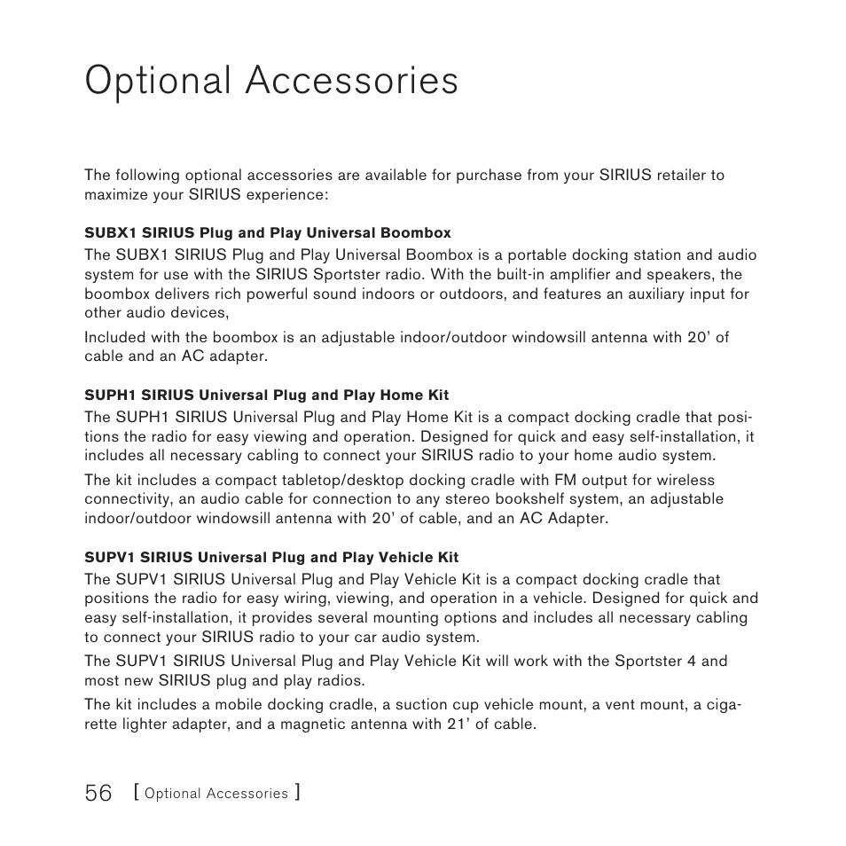 Optional accessories | Sirius Satellite Radio Sirius Starmate 4 User Manual | Page 58 / 64