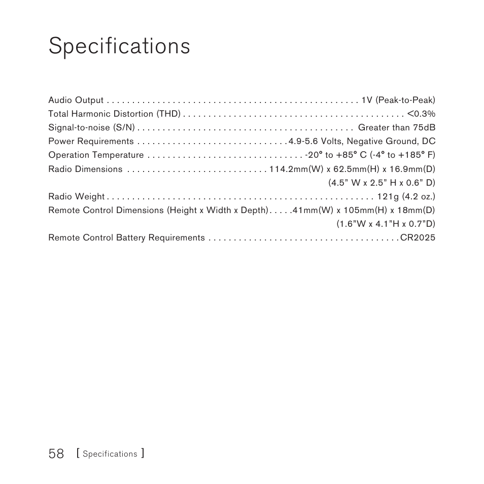 Specifications | Sirius Satellite Radio Sirius Starmate 4 User Manual | Page 60 / 64