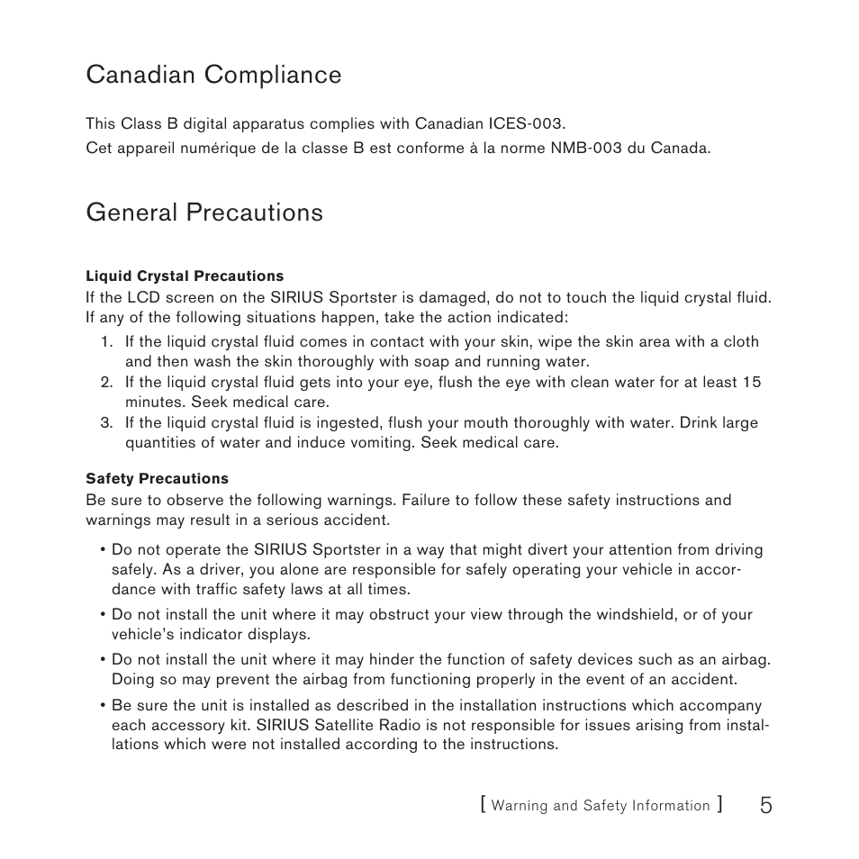 Canadian compliance, General precautions | Sirius Satellite Radio Sirius Starmate 4 User Manual | Page 7 / 64